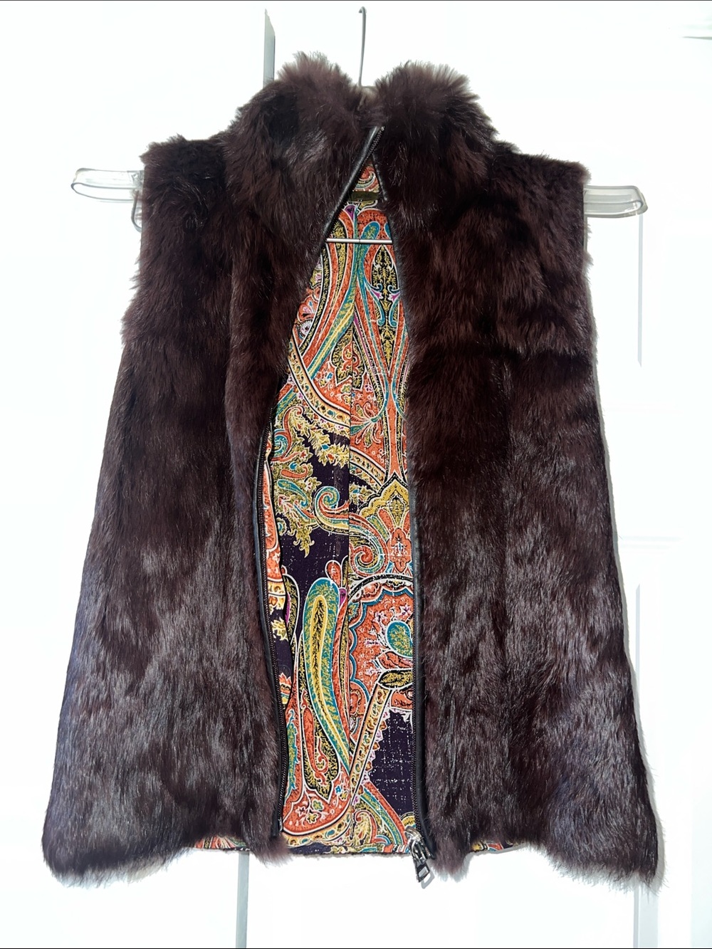 Brown Faux Fur Vest with Colorful Paisley Lining